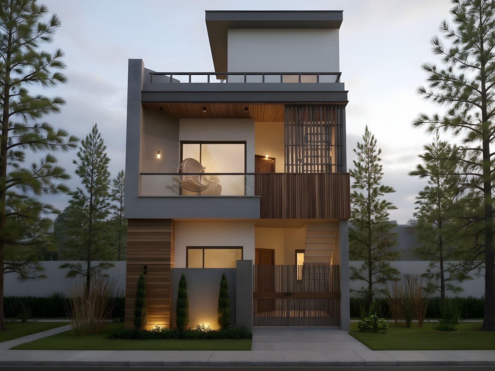 Design render of a narrow three-storey house at dusk: grey and white rendered walls, vertical timber cladding and battens screening a balcony and the stair, a glass-railed balcony with a hanging chair, a recessed entrance with a slatted gate, and a small planted forecourt