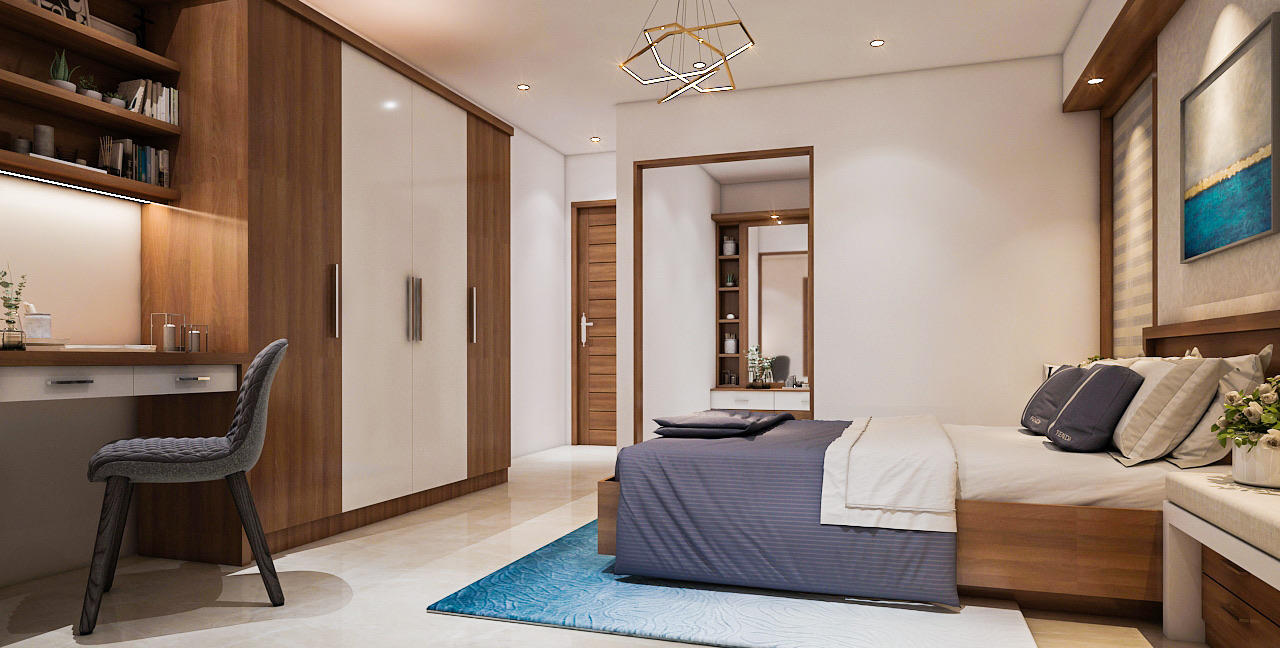 Design render of a bedroom wardrobe with two glossy white shutters set between walnut wood-grain shutters, continuing into a walnut study desk with open shelves above it, opposite a bed on a light marble floor