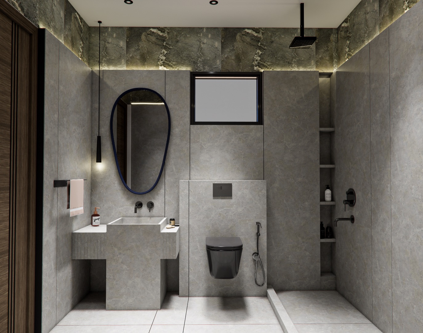 Design render of a grey stone-finish bathroom: a wall-hung black WC with a concealed cistern and a health faucet on a low partition, a square stone washbasin on a pedestal with an oval black-framed mirror and pendant light, a high window above the WC, a recessed shelf niche and a shower area on the right set apart by a low kerb