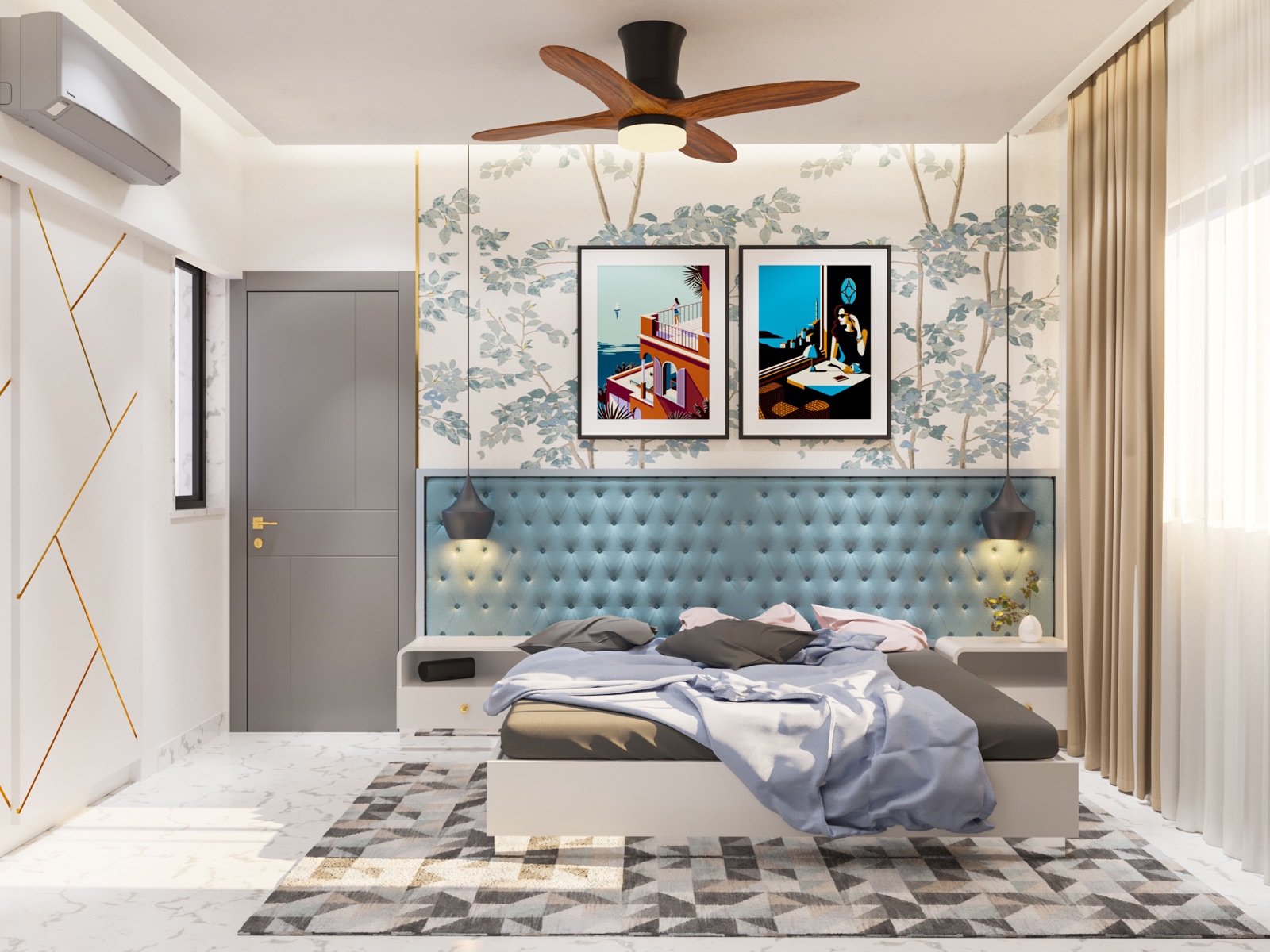 Bedroom design render with an aqua button-tufted headboard panel running the full width of the bed wall, botanical wallpaper above it with two framed prints, black pendant lights hanging on either side and white floating side tables.