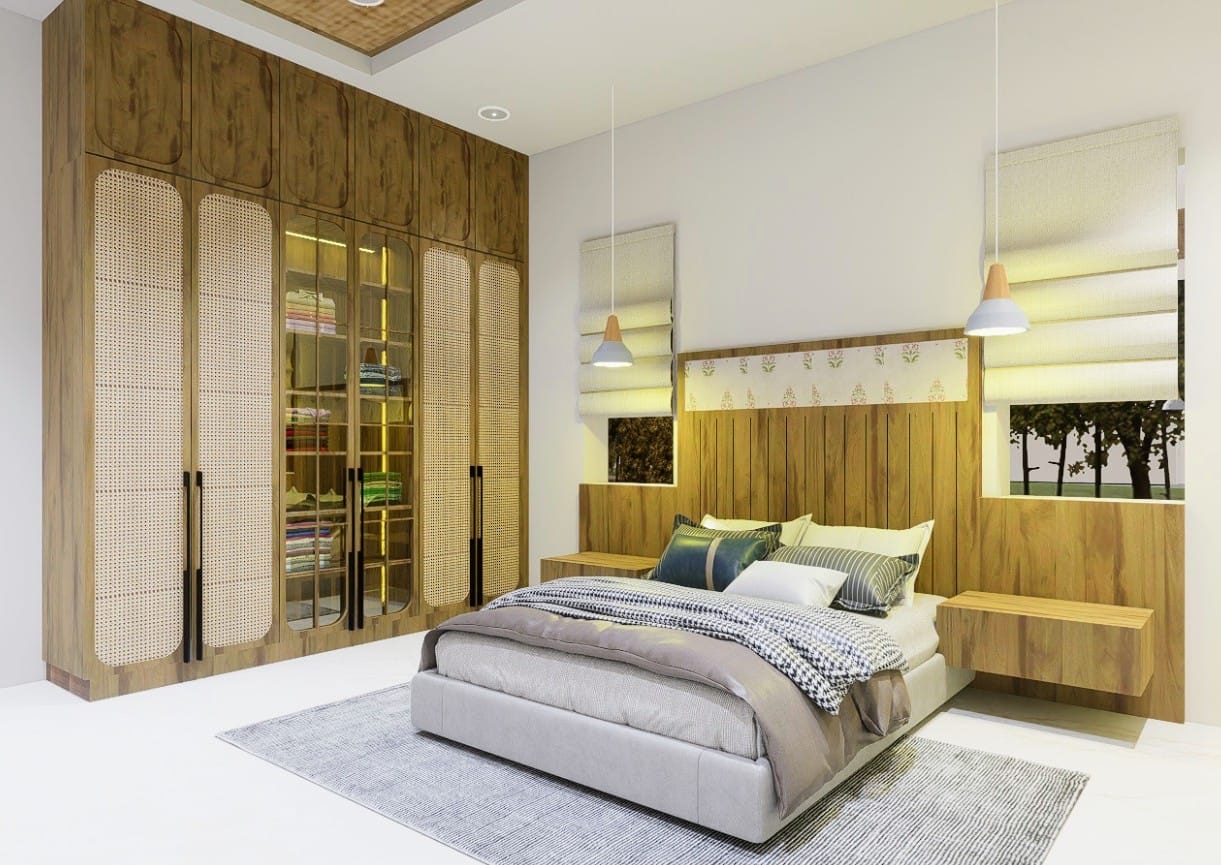 Bedroom with a full-height wood wardrobe whose doors have cane panels and a lit glass section for folded clothes, beside a bed with a slatted timber headboard wall and floating bedside shelves