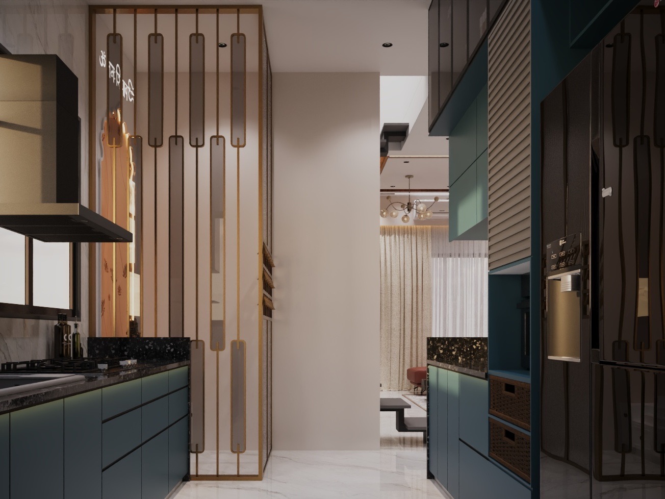 Design render of a parallel kitchen with matte petrol-blue base and tall units, a black speckled granite counter, a black chimney hood over the hob, and a brass-framed fluted screen leading to the living room.