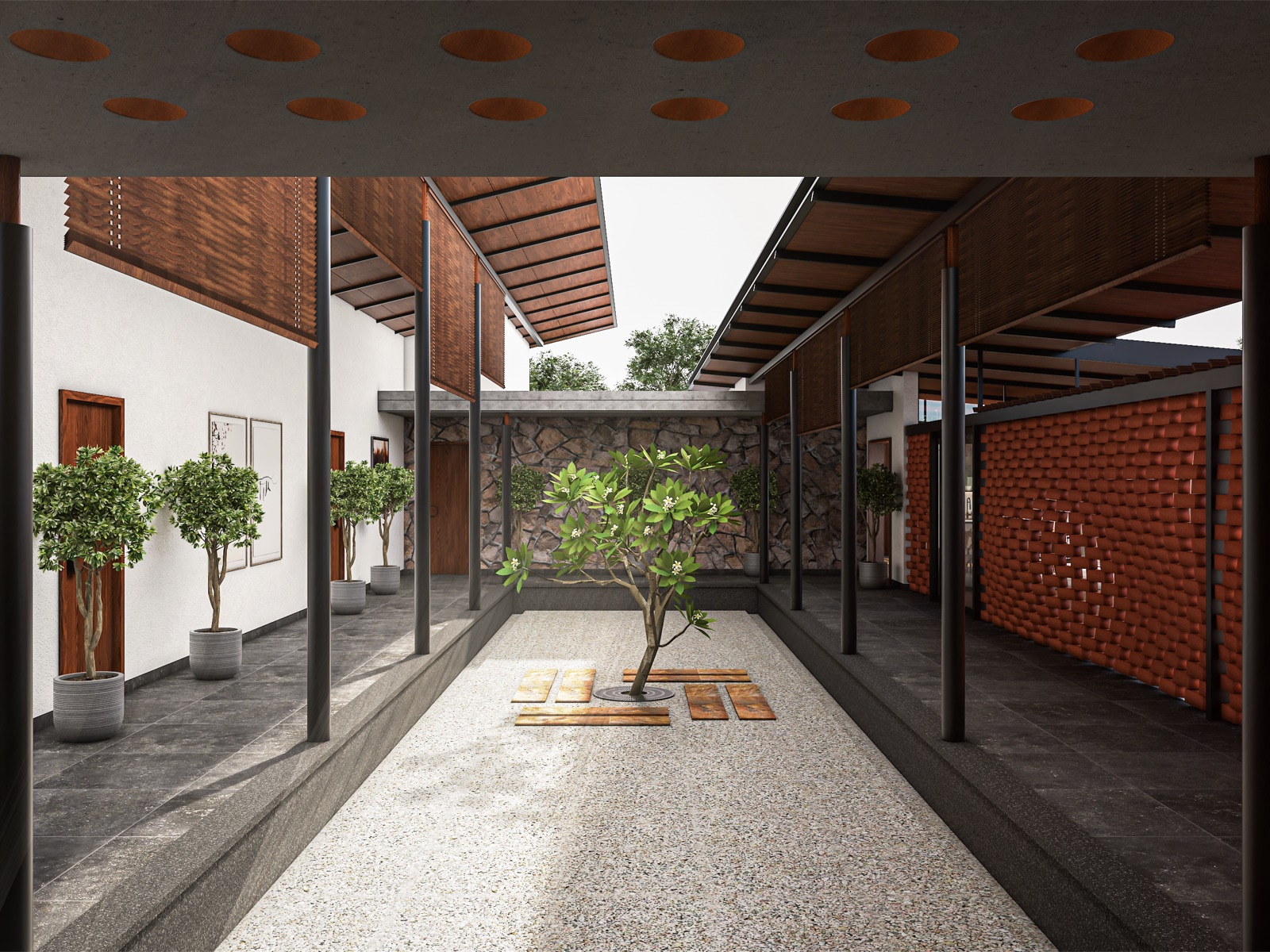Design render of a farmhouse courtyard: a random rubble stone wall at the far end, a red clay brick jaali screen on the right, dark stone verandah floors, slim black columns and deep sloping roofs with timber blinds shading the walls.