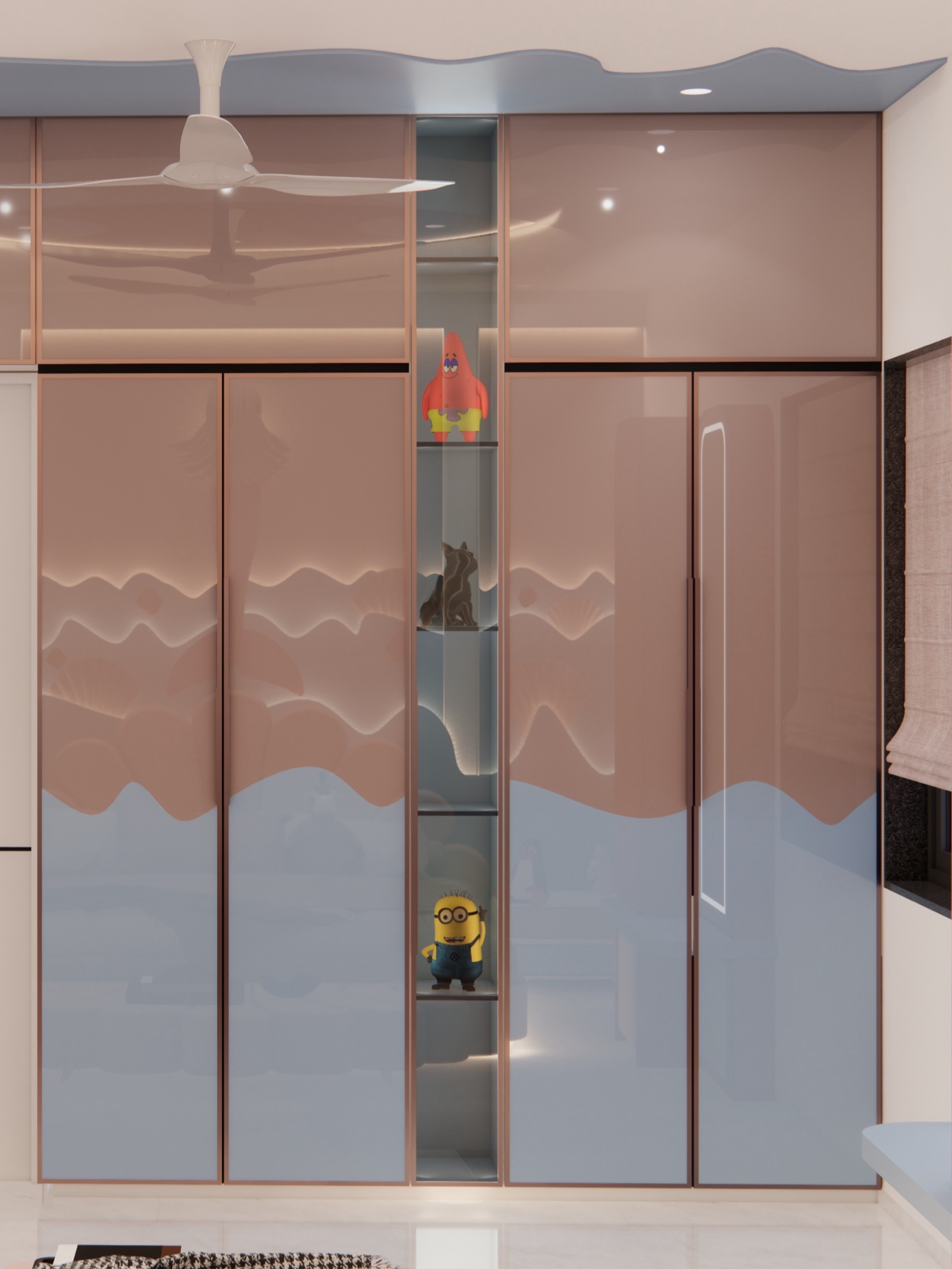 A child's wardrobe with high-gloss shutters printed with a wave pattern in blush pink and powder blue, a narrow lit glass niche holding toys between the two pairs of doors, and a row of loft shutters above.