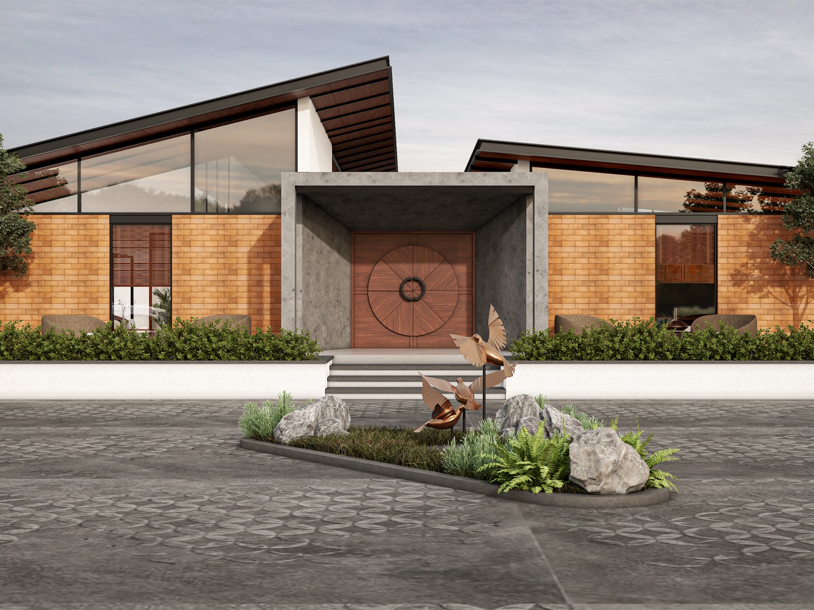 Design render of a single-storey farmhouse front with a deep exposed-concrete portal framing a large timber double door with a circular inlay, steps up to the door, brick-clad walls and clerestory glazing under sloping roofs on either side.