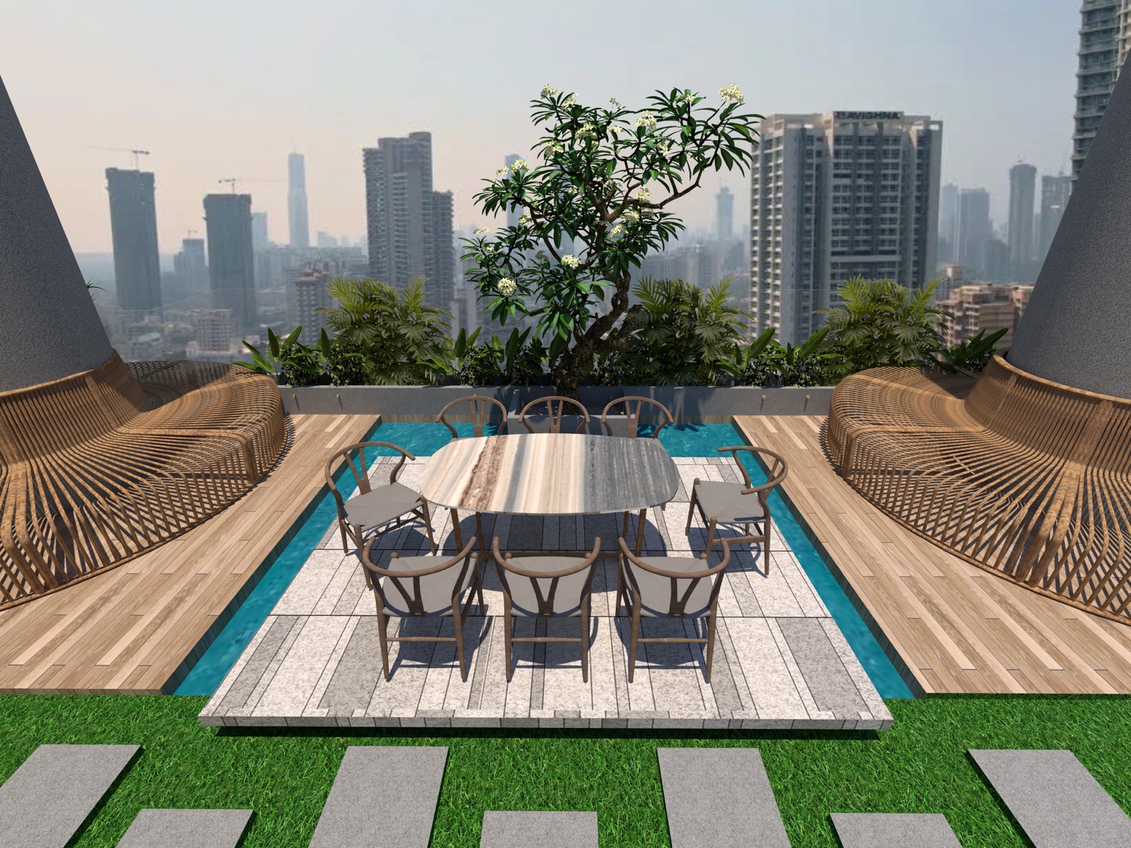 Design render of a terrace high above a Mumbai skyline of residential towers: a table with eight chairs on pale stone paving, flanked by shallow blue water channels, timber-look decks with curved slatted benches, planters with a frangipani tree, and stepping stones set in grass in the foreground.