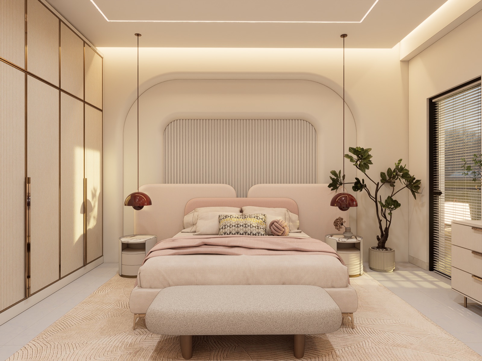 3D visualisation of a master bedroom in an ivory palette: a curved, upholstered pale pink headboard against a fluted wall panel in a rounded niche, red dome pendant lights over the bedside tables, fluted full-height wardrobes with brass trims on the left and a tall plant beside a window with blinds.