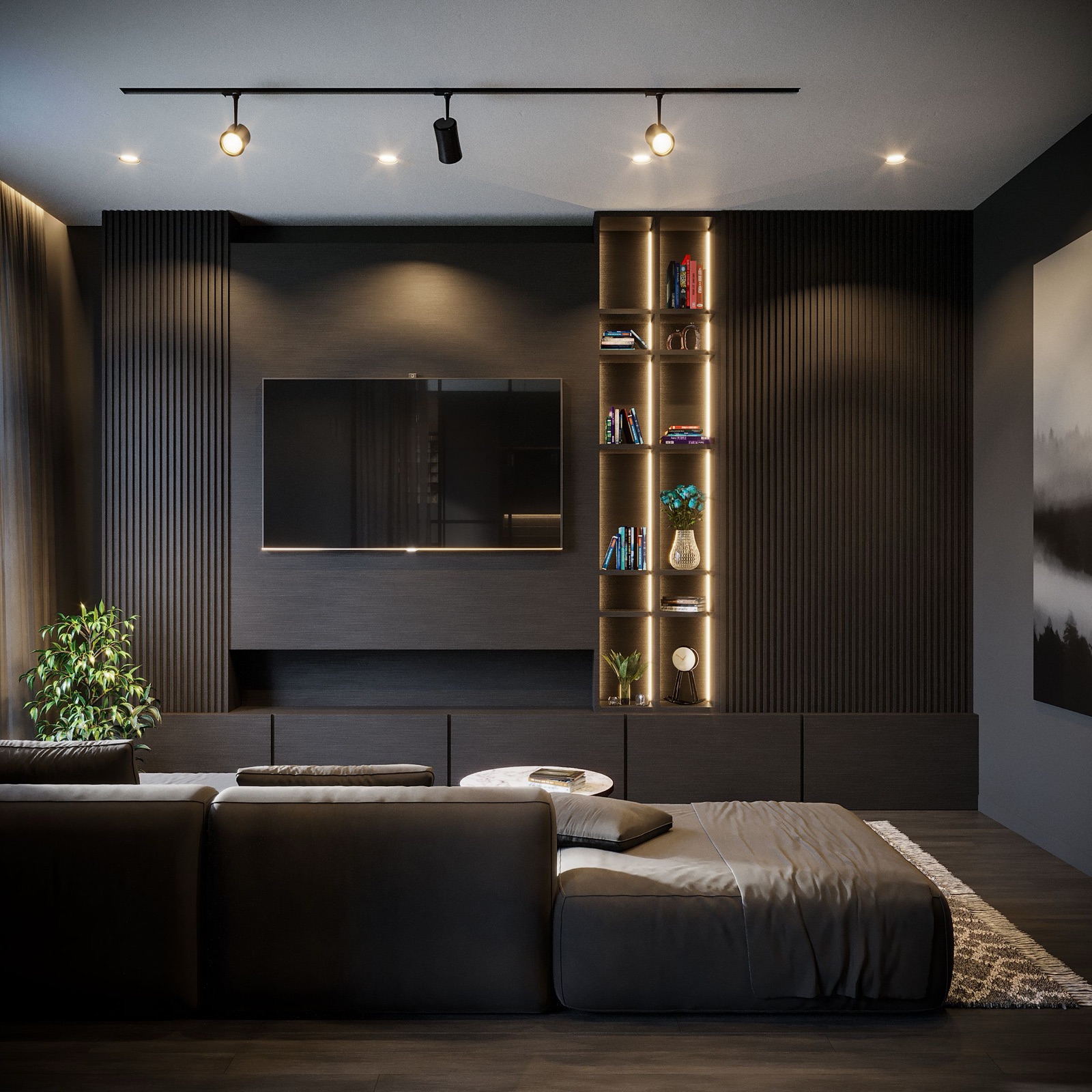 Design render of a dark living room TV wall: charcoal slatted panels on both sides, a wall-mounted TV on a textured panel, a tall open niche with LED strips lighting each shelf of books and decor, and a long run of low closed cabinets below, with track lights on the ceiling