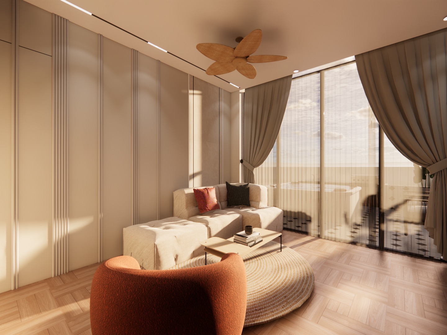 Sitting room in warm evening light with a cream modular sofa, a rust boucle armchair and a low timber table on a round jute rug, a herringbone timber floor, panelled cream walls and floor-to-ceiling glass doors with linen curtains