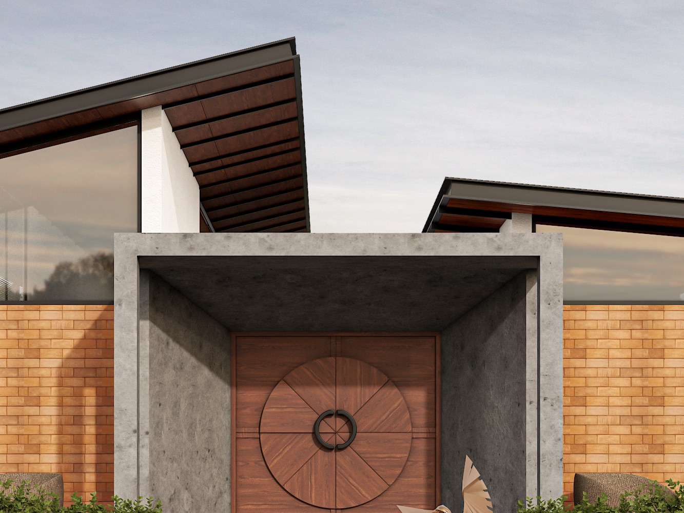 Design render of a wooden double main door with a large circular inlay of radiating wood panels and a round black pull handle, set deep in a board-finish concrete portal between buff brick walls under sloping roofs