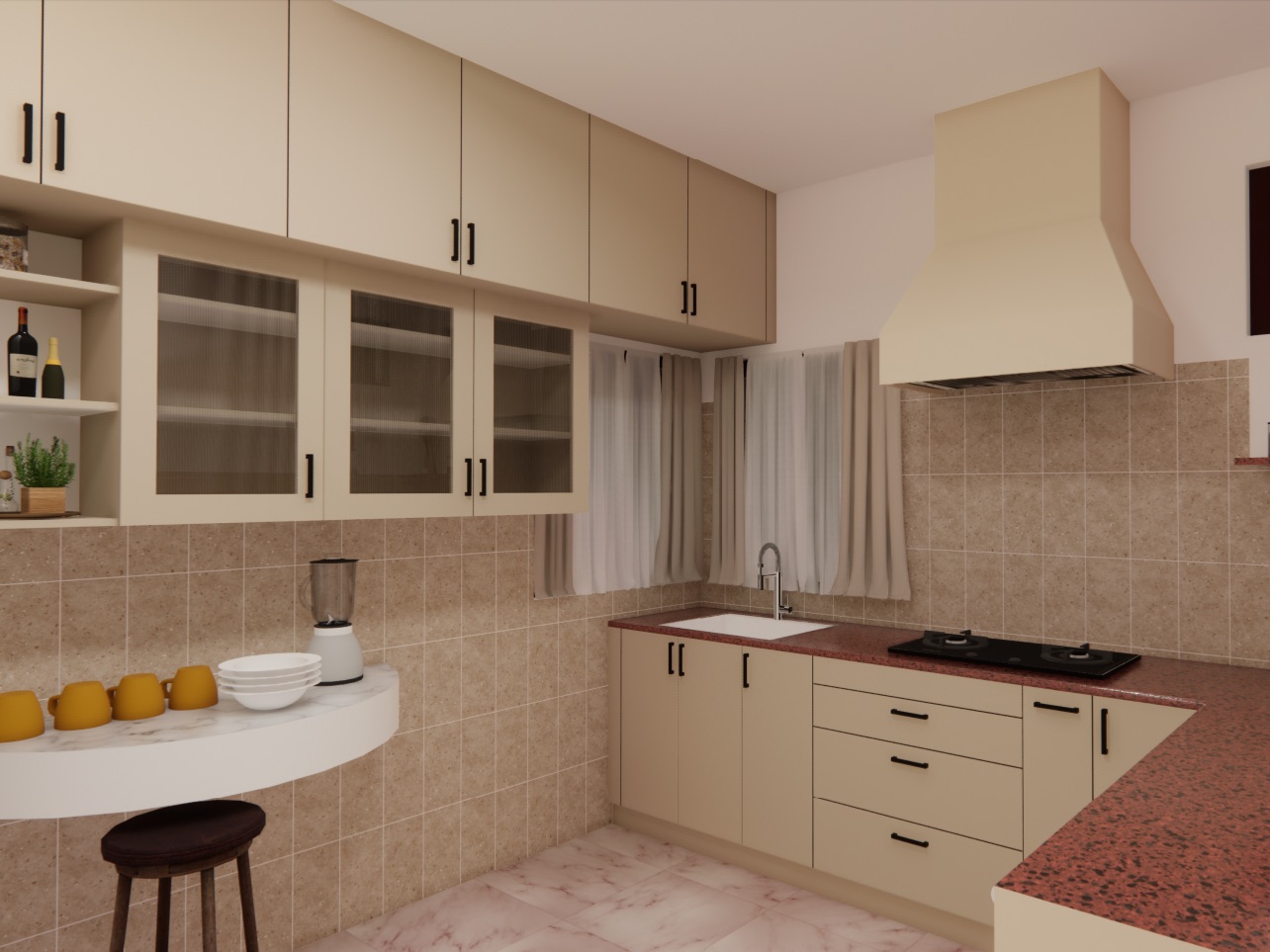 Design render of an L-shaped modular kitchen with cream shutters and black bar handles, a red speckled countertop holding a sink and two-burner hob, wall units above with fluted glass doors, a cream chimney hood and beige wall tiles