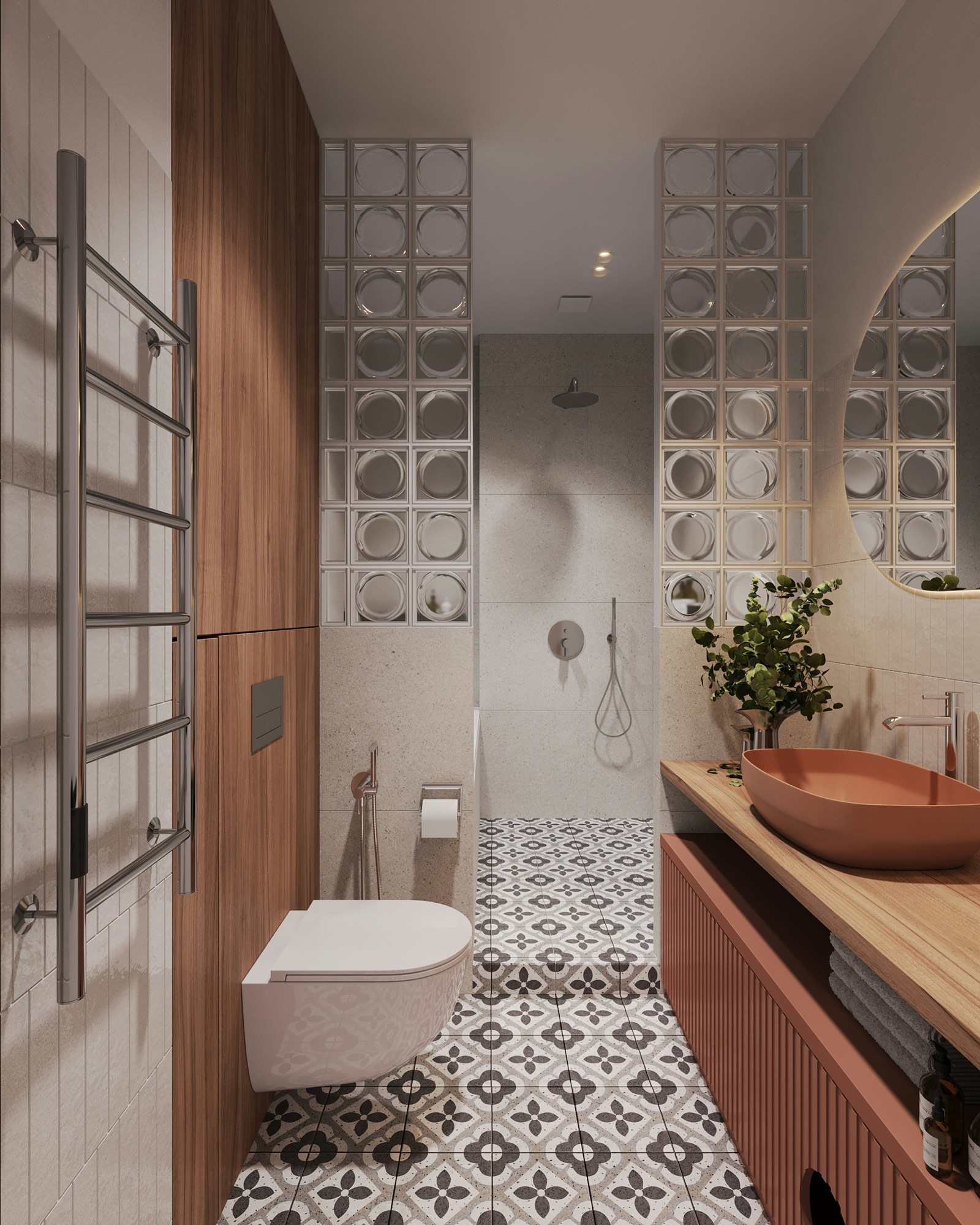 Design render of a long, narrow bathroom: a wall-hung WC in front of a wood-clad box that hides the cistern, with a flush plate and a health faucet beside it, a terracotta fluted vanity with a wooden top and vessel basin opposite, and a shower at the far end behind glass-block screens