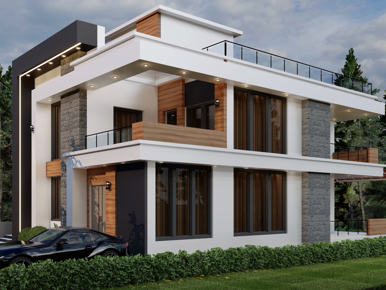 Design render of a contemporary two-storey house with white cantilevered slabs, stone-clad columns, timber panels and a glass roof railing