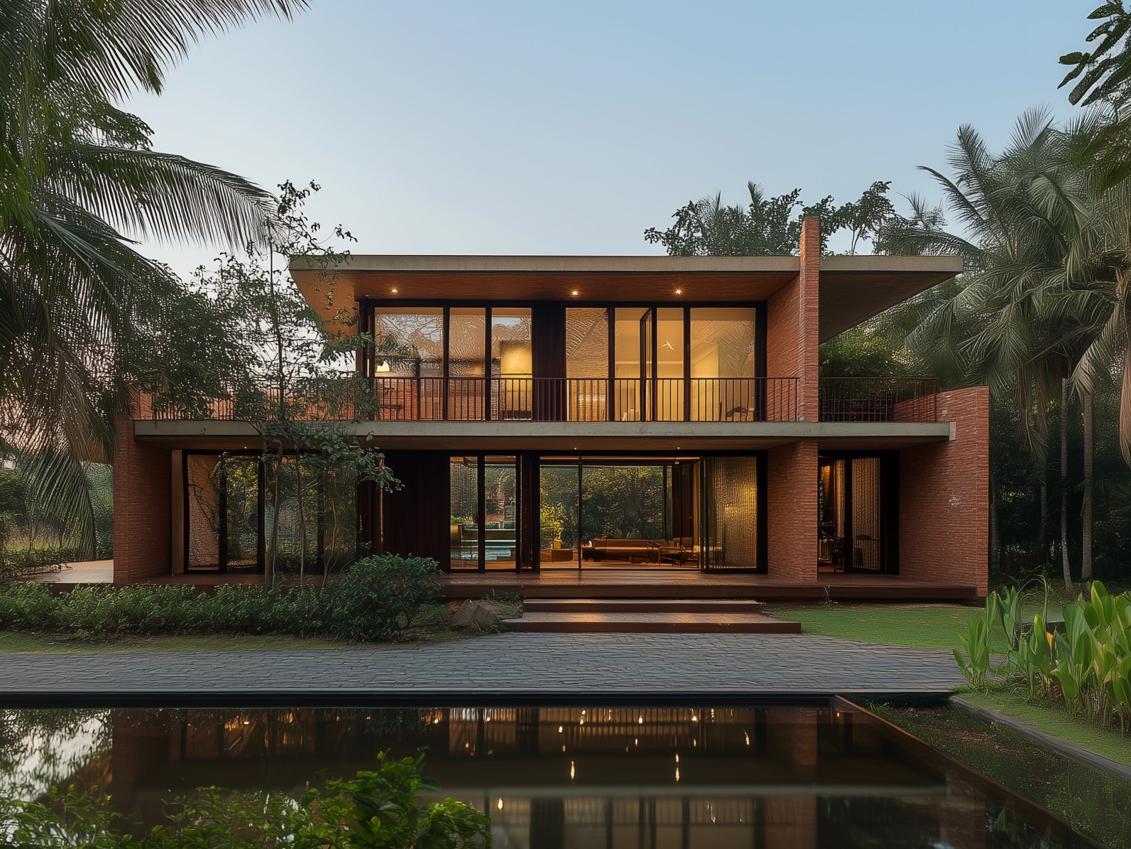 The Brick Haven farmhouse at dusk, a two-storey exposed brick and glass house with deep concrete overhangs, palms and a reflecting pool in front
