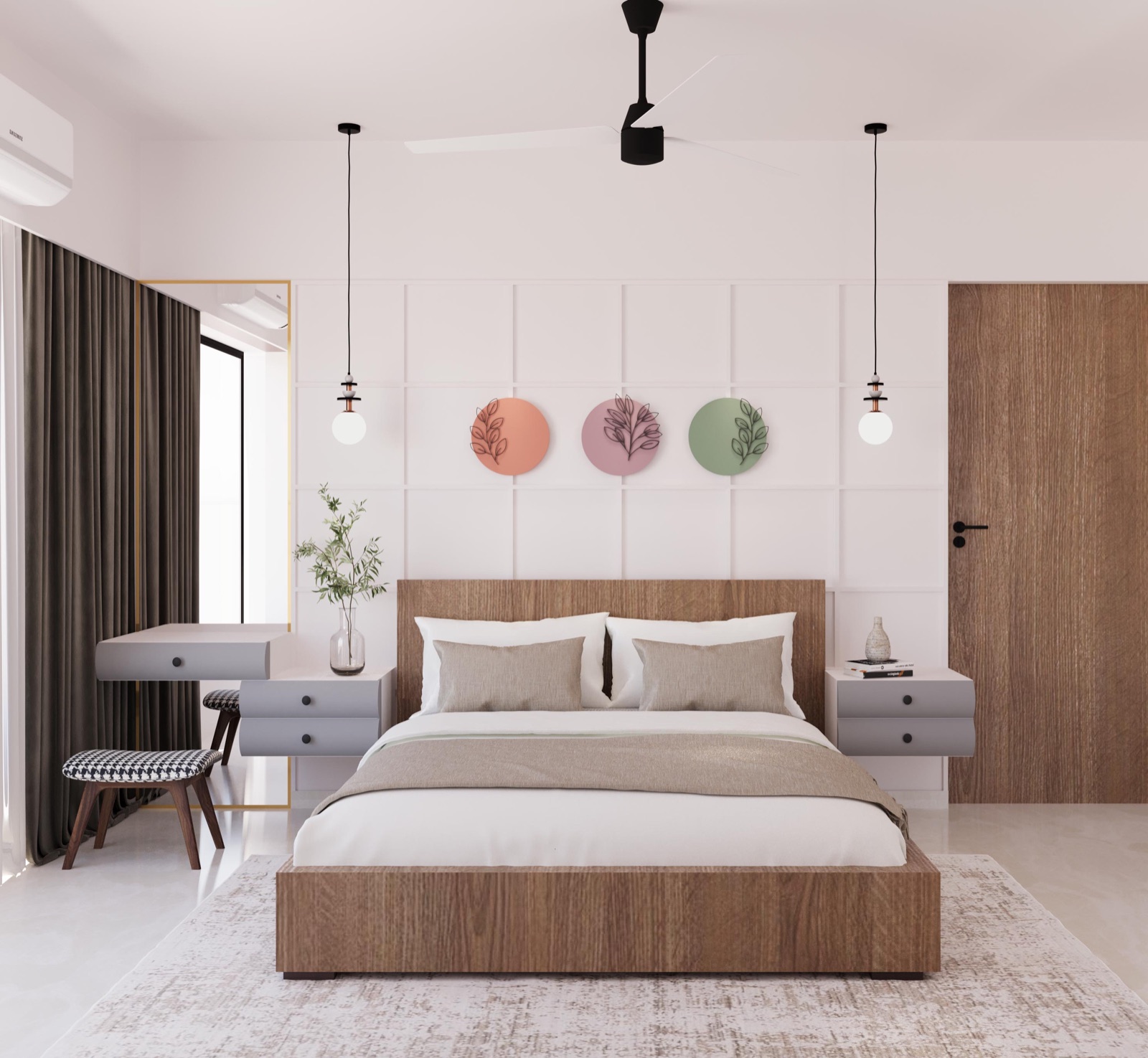 Bedroom design render with a pale pink wall divided into a grid of square trim panels, three round leaf-motif plates centred above a wooden bed, floating grey side tables and two glass pendant lights.